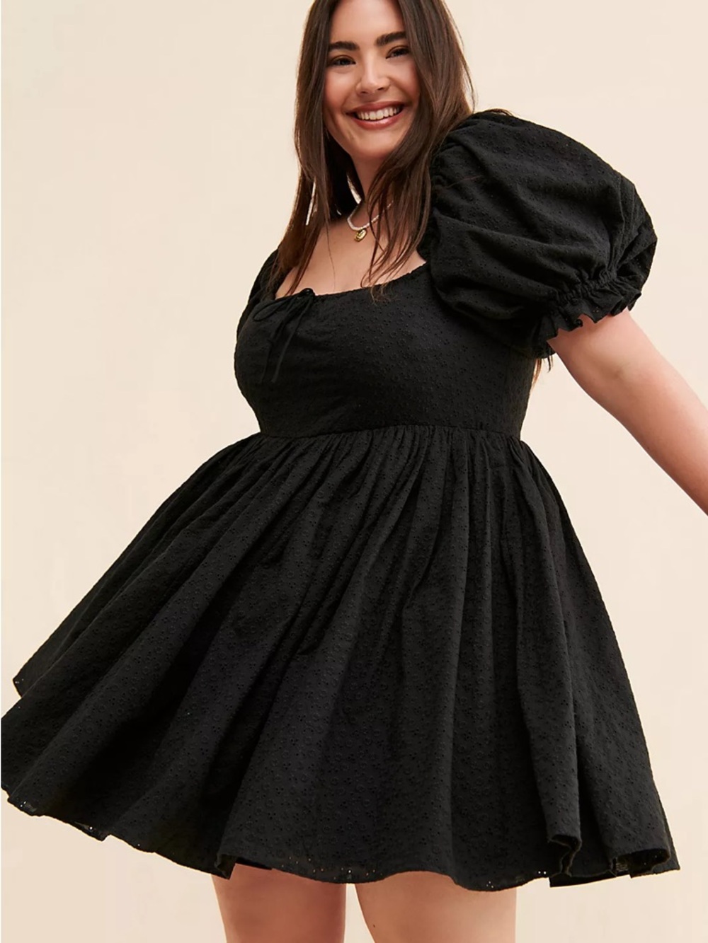 Selkie Beach Day Dress Black Puff-Sleeve Mini Dress - Women's - Picture 2 of 7